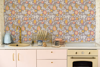 Folk Fruit Autumn wallpaper installed in a kitchen