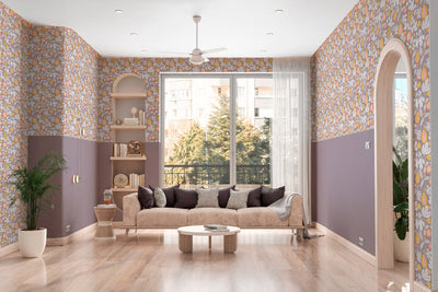 Folk Fruit wallpaper in a living room with a monochrome painted band below