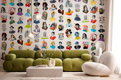 Iconographic wallpaper design installed in a living space