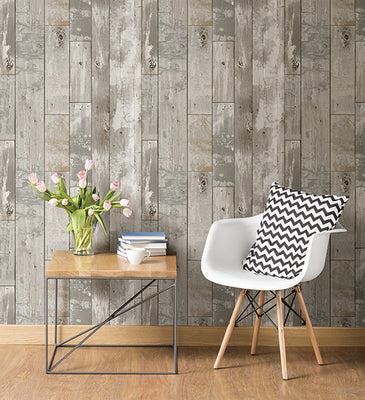 Deena Grey Distressed Wood Wallpaper