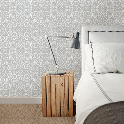 Heavenly Grey Damask Wallpaper