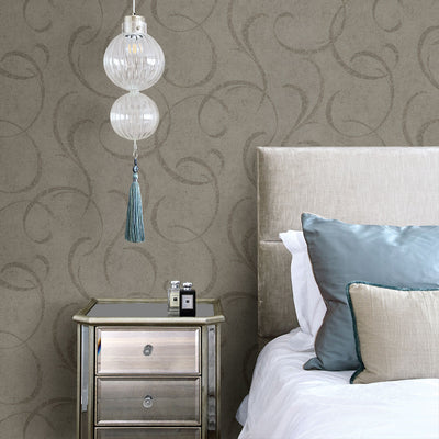 Lysander Taupe Scrolls Wallpaper