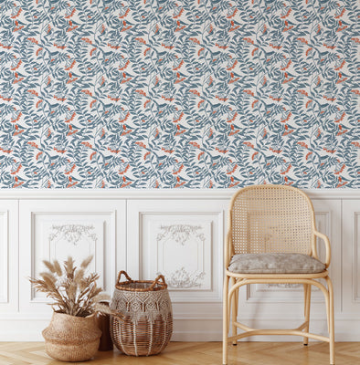 Birds in the Rowan Tree Wallpaper - Teal