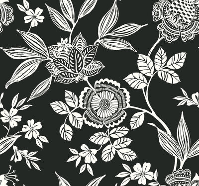 Wood Cut Jacobean Wallpaper - Black/White