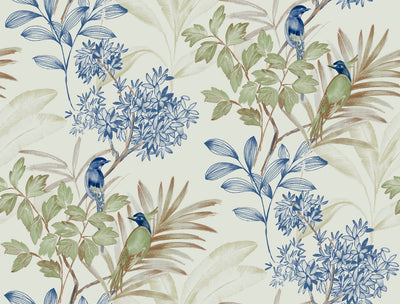 Handpainted Songbird Wallpaper - Green/Blue