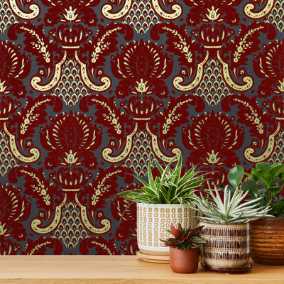 Windsor Flocked Wallpaper - Burgundy & Slate