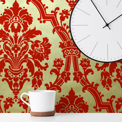 Empire Flocked Wallpaper - Scarlet & Champagne