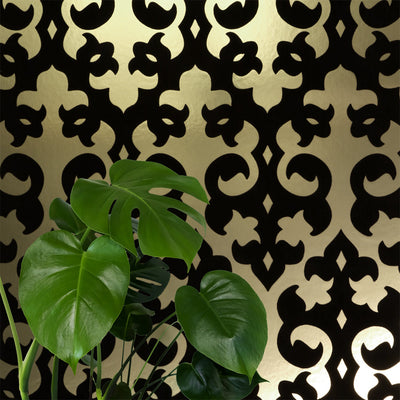 Grille Flocked Wallpaper - Black & Gold